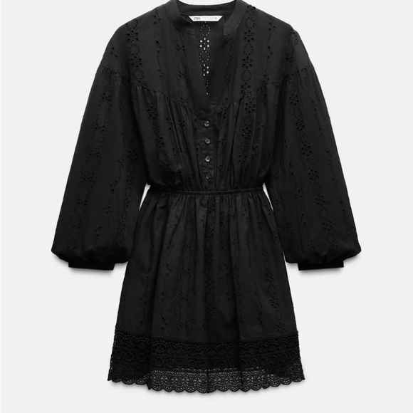 NWT Zara  Embroidery Eyelet Black Long Sleeve Dress - Picture 4 of 8